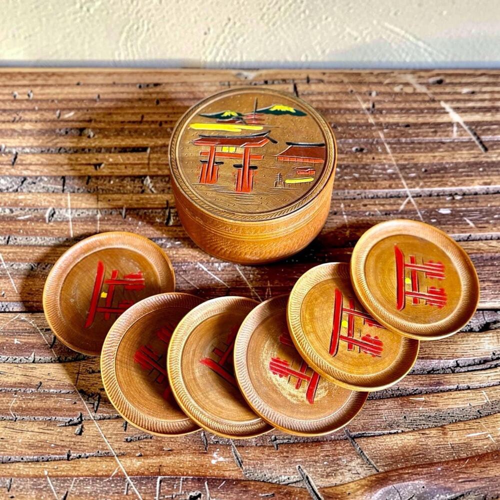 Vintage Japanese Wooden Coaster Set of 8 with Box | Made in Japan